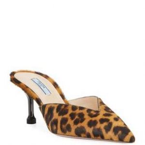 Prada Leopard Calf Hair Kitten-Heel Mules